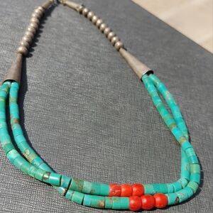Blue and Red Beaded Necklace with Silver Accents